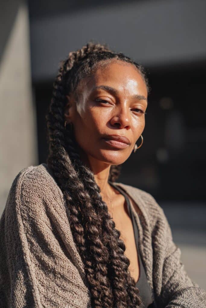 Older Black woman with jumbo twists and bold shoulder-length volume