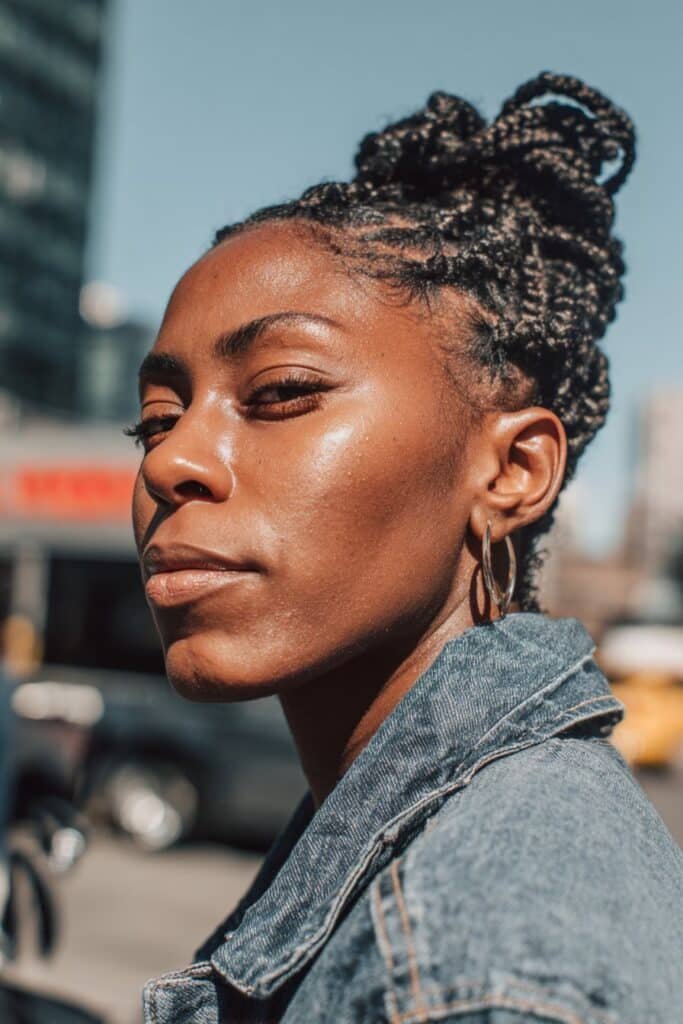 Black woman with knotless braid bun and loose braids.