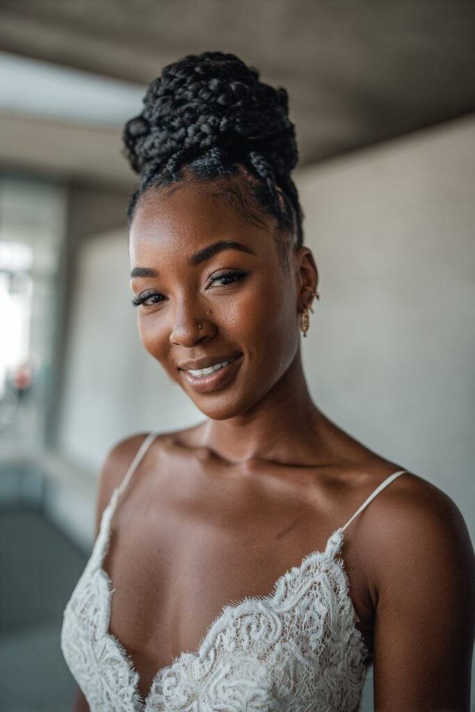 Black bride with knotless braided bun bridal hairstyle.