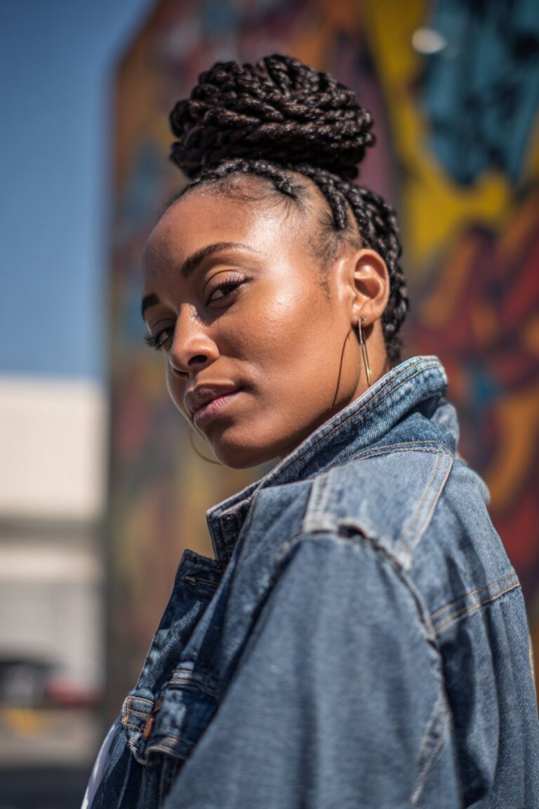 Black woman with knotless braided bun, wig updo hairstyle for Black women.