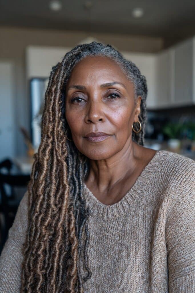 Older Black woman with knotless braids and natural lightweight flow