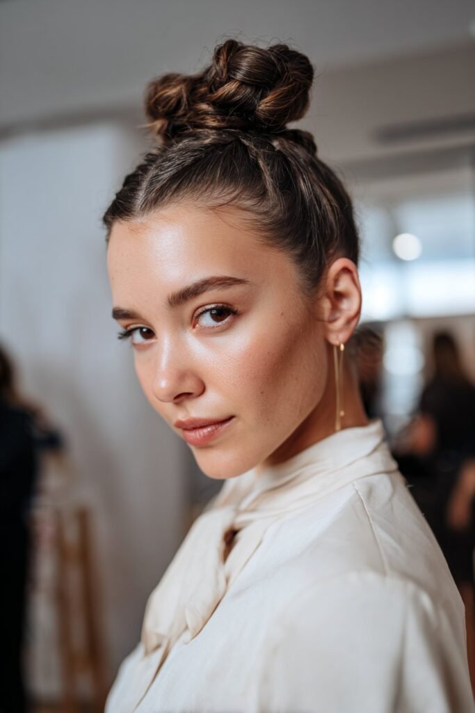 woman with knotted low bun, structured fancy hairstyles look