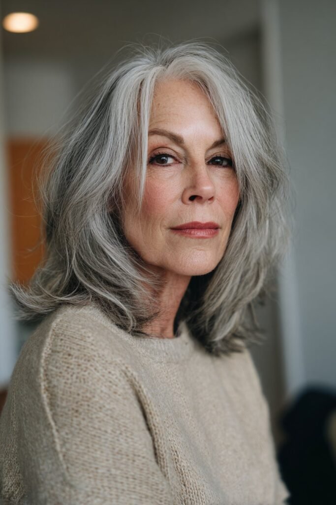 Layered gray shag haircut adding volume and movement for older women