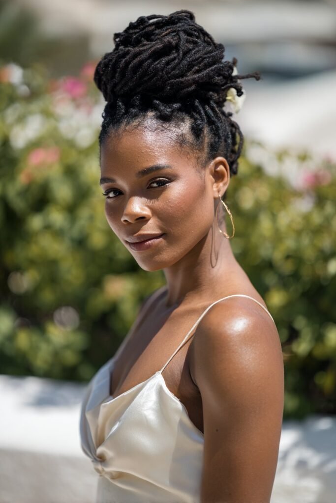 Black bride wearing loc bun bridal updo with neat styling.