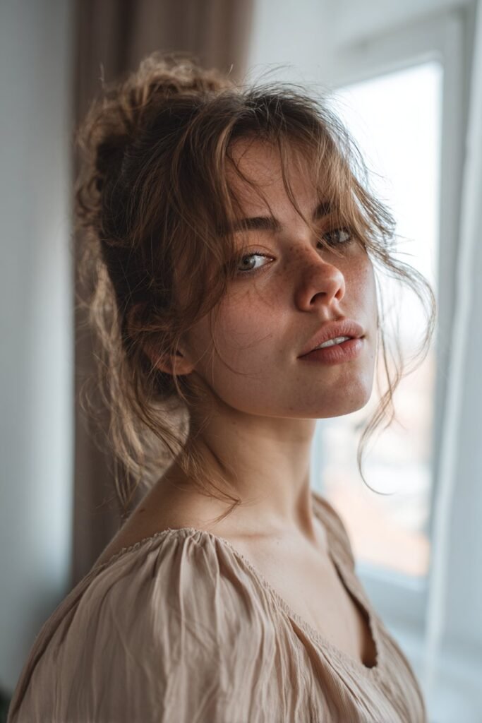 woman with loose chignon, soft romantic fancy hairstyles look