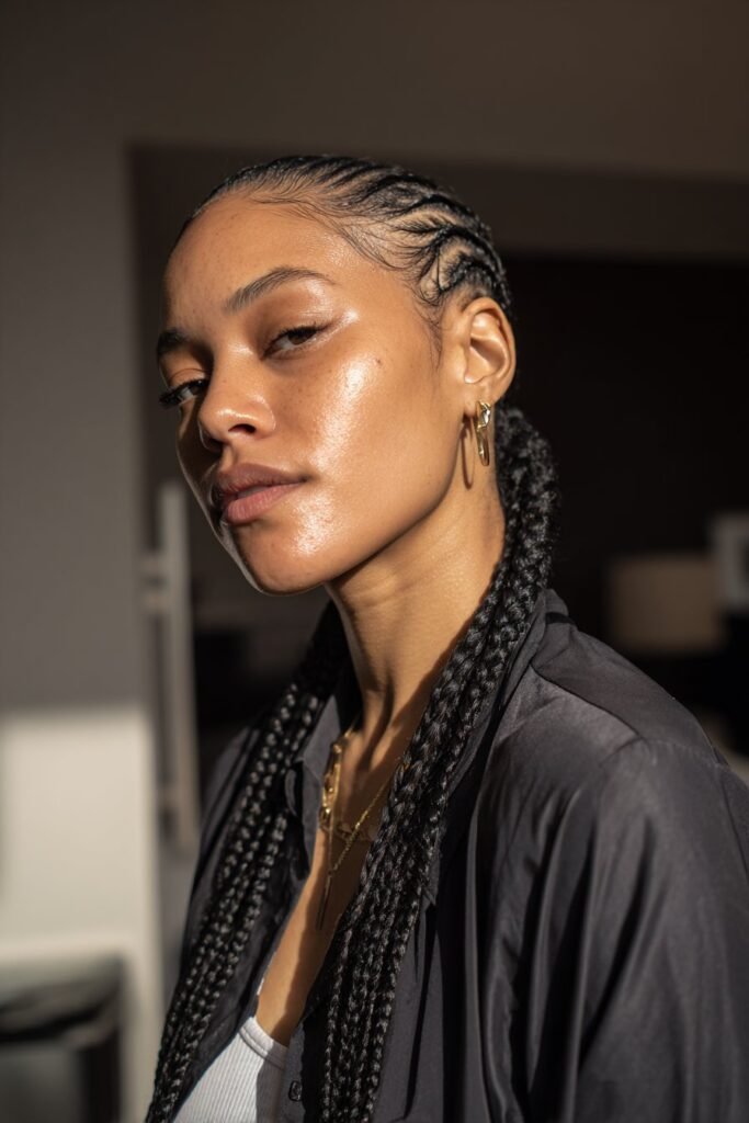 young woman with low cornrow ponytail, sleek braids gathered at nape, elegant style