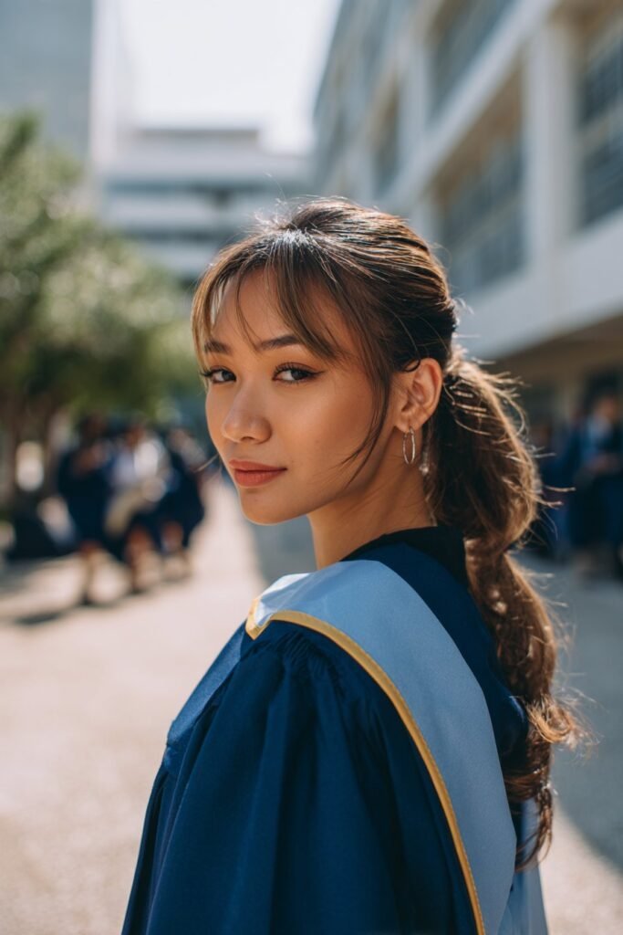 young woman with low ponytail, modern grad hairstyles style