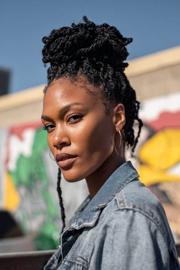 Black woman with voluminous Marley twist bun.