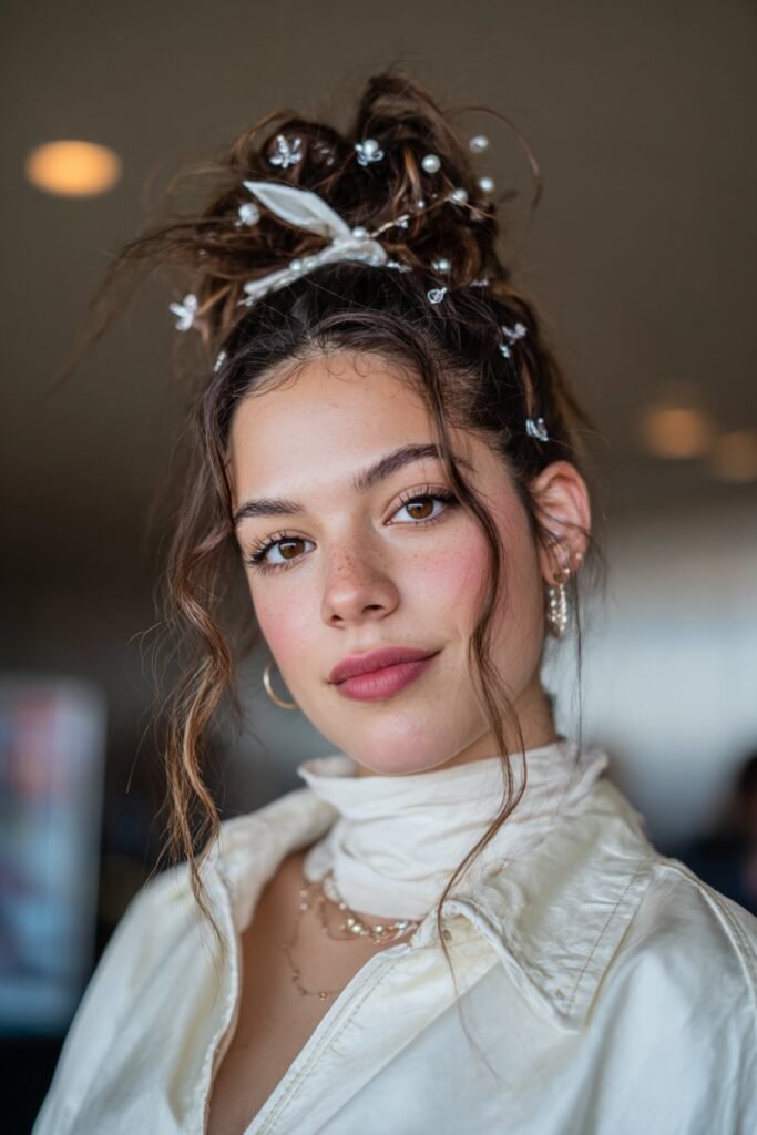 girl with messy bun with accessories dance hairstyle