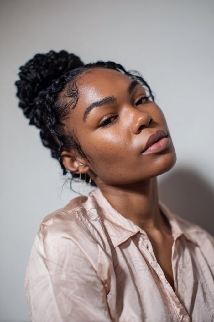 Black woman with mini twists styled into an elegant bun.