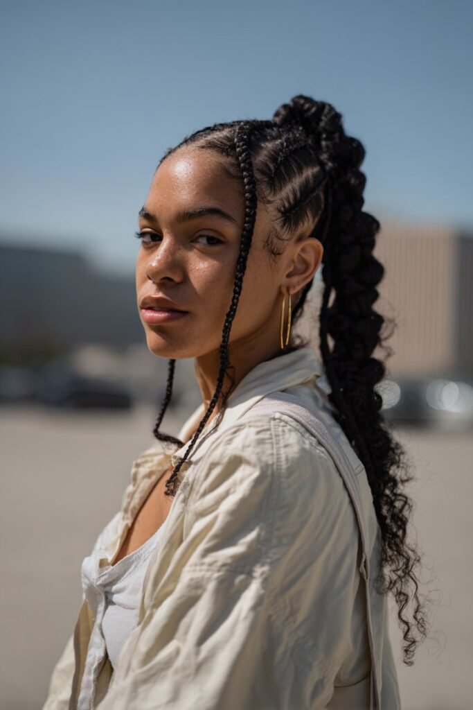 cornrow ponytail hairstyle with mohawk braids, raised center ponytail, edgy look