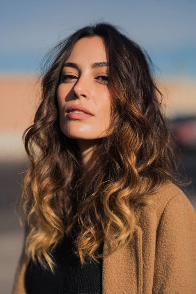 woman with dark brown ombre highlights and lighter ends