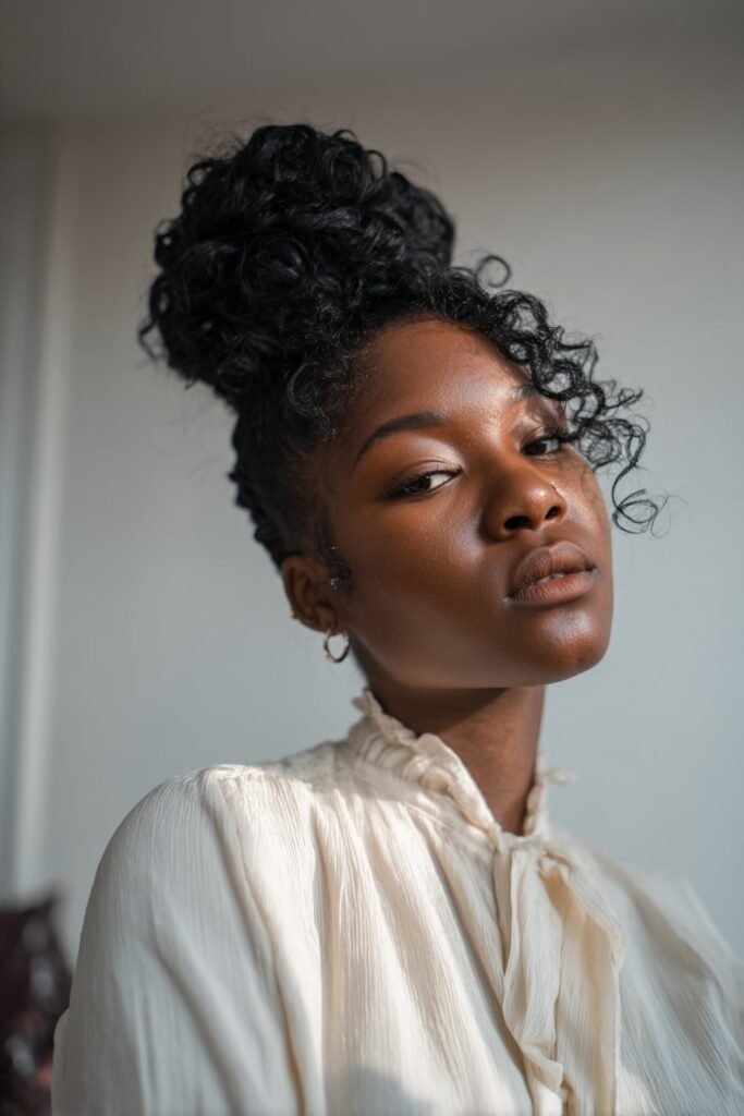 Black woman wearing pin curl wig updo with vintage curls.