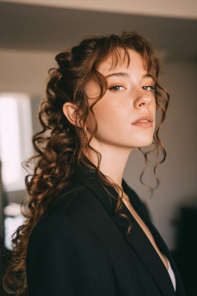 woman with pinned cascading curls, elegant fancy hairstyles
