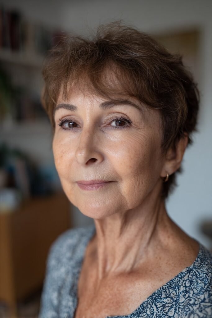 woman with pixie haircut and soft bangs