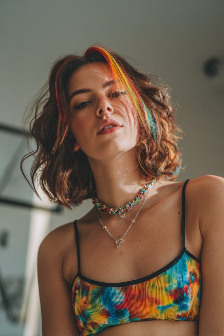 Rainbow halo hair dye with multicolor band for a bold look