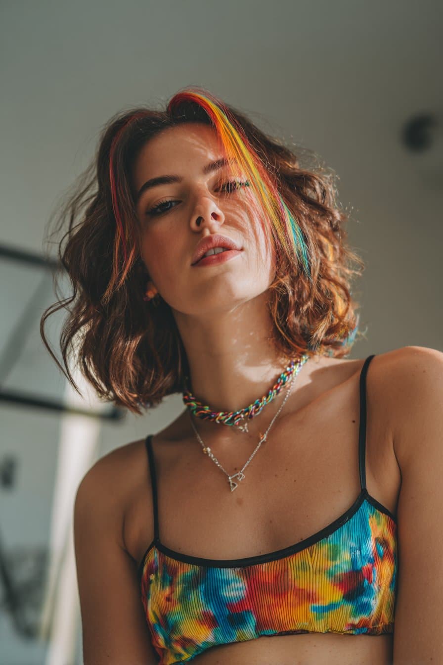 Rainbow halo hair dye with multicolor band for a bold look