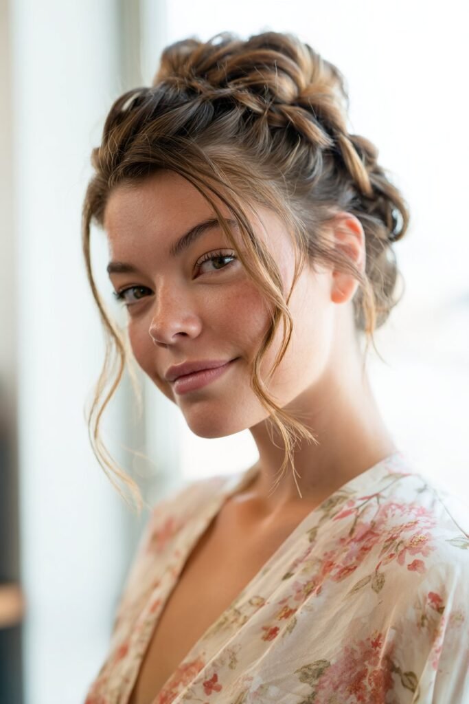 woman with romantic braided updo, soft textured fancy hairstyles
