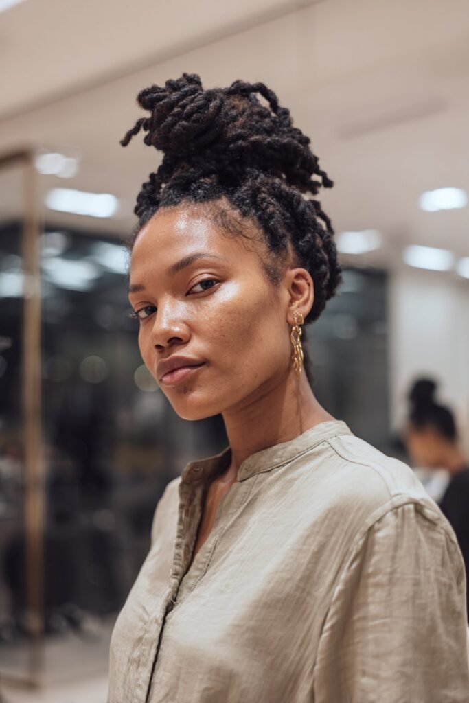 Black woman wearing Senegalese twist high bun updo.