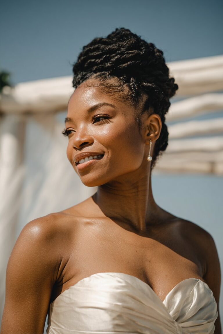 Black bride wearing Senegalese twist bun bridal updo.