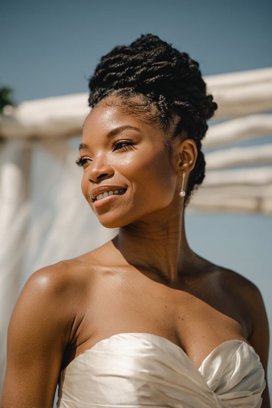 Black bride wearing Senegalese twist bun bridal updo.