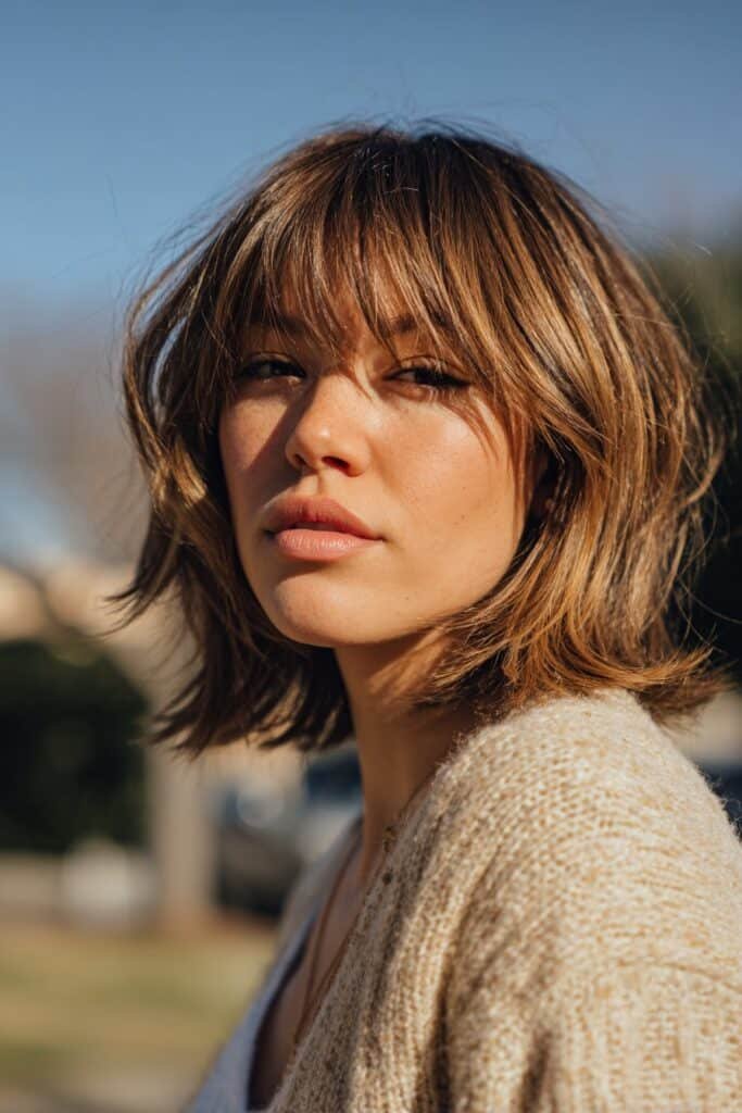 woman with shaggy lob and brow skimming bangs