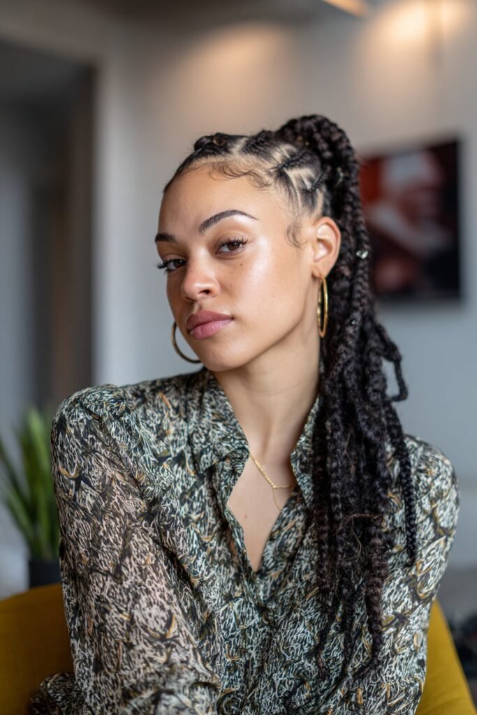 young woman with side-swept cornrow ponytail, angled braids, soft asymmetrical style