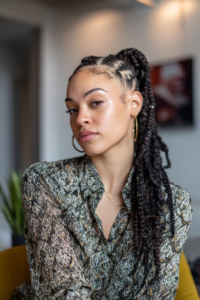 young woman with side-swept cornrow ponytail, angled braids, soft asymmetrical style