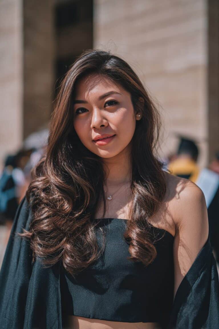 young woman with side swept waves, elegant grad hairstyles look