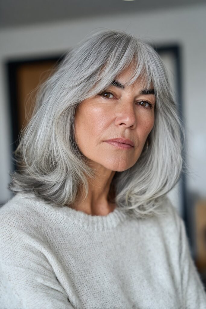 Silver curtain bangs framing layered gray hair for older women