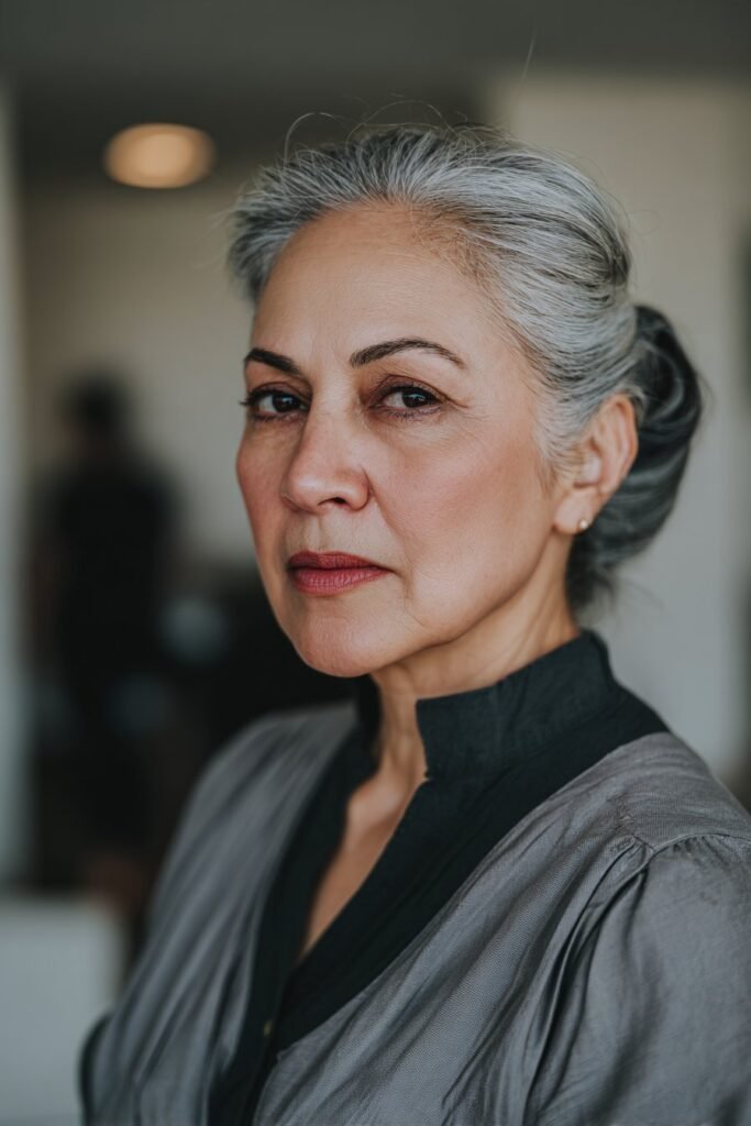 Silver French twist updo with elegant volume for mature women