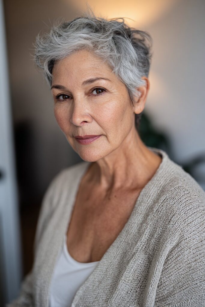Silver pixie cut on older woman over 70 with soft textured gray hair