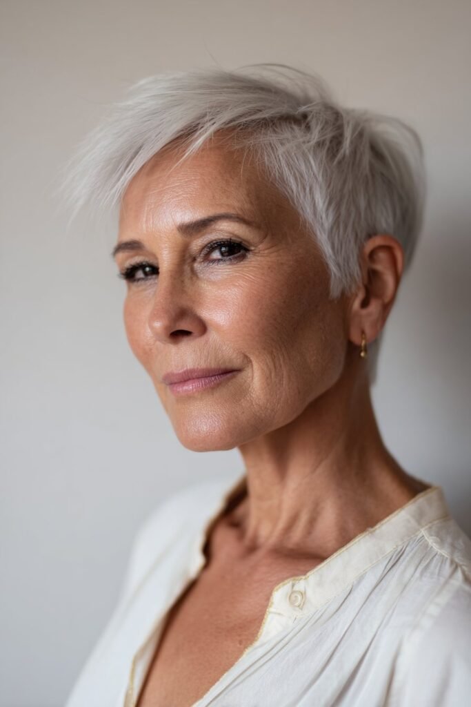 woman with silver pixie and side swept bangs