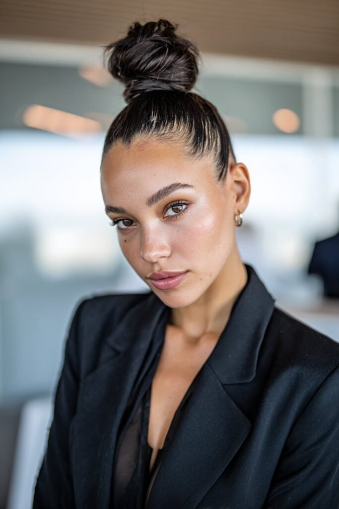 woman with sleek high bun, polished fancy hairstyles look