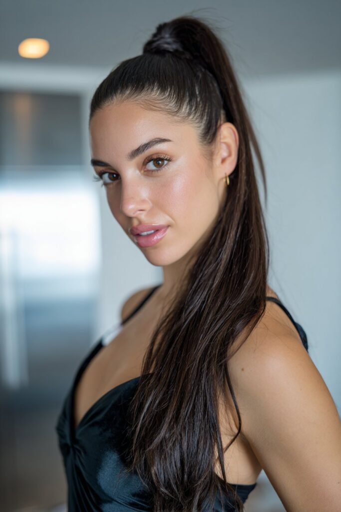 girl with sleek high ponytail prom hairstyle