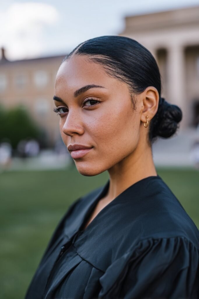 young woman with sleek low bun, neat grad hairstyles for graduation