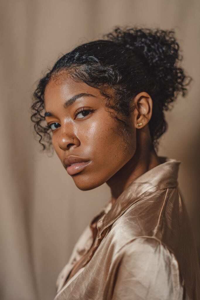 Black woman with sleek low bun and curly tendrils.