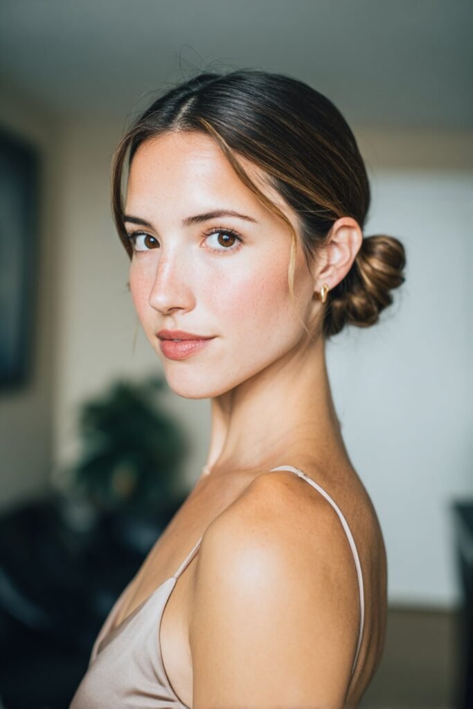 girl with sleek low chignon prom hairstyle