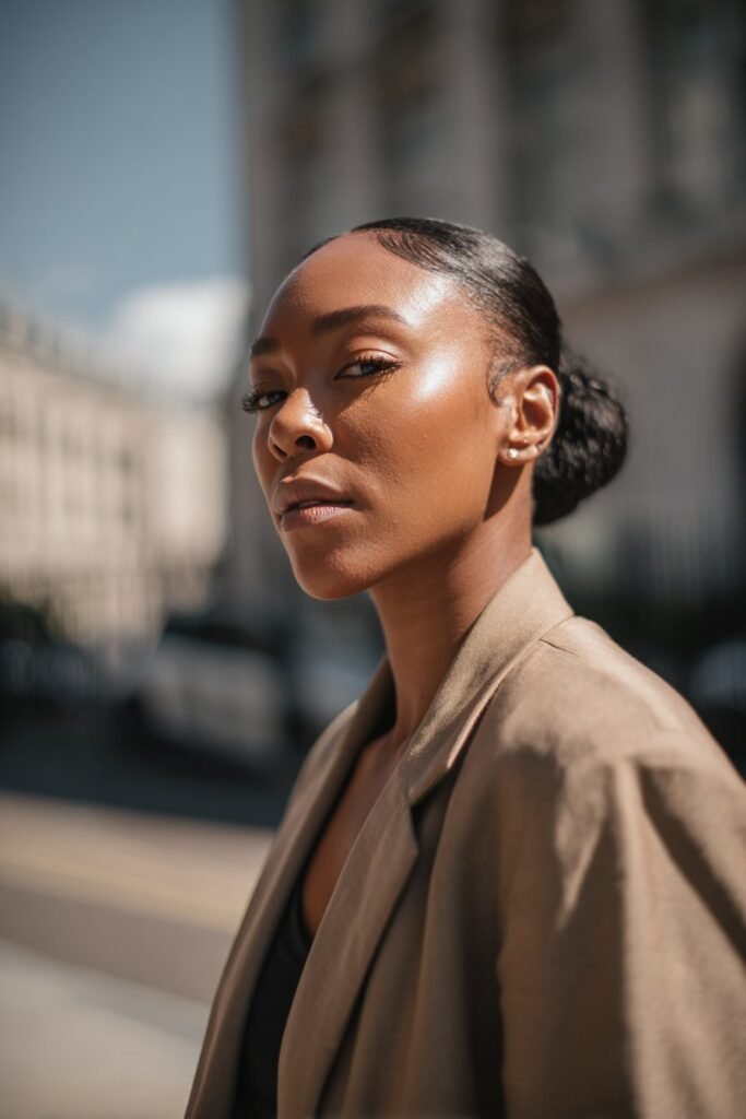Black woman with sleek low chignon wig updo and smooth finish.