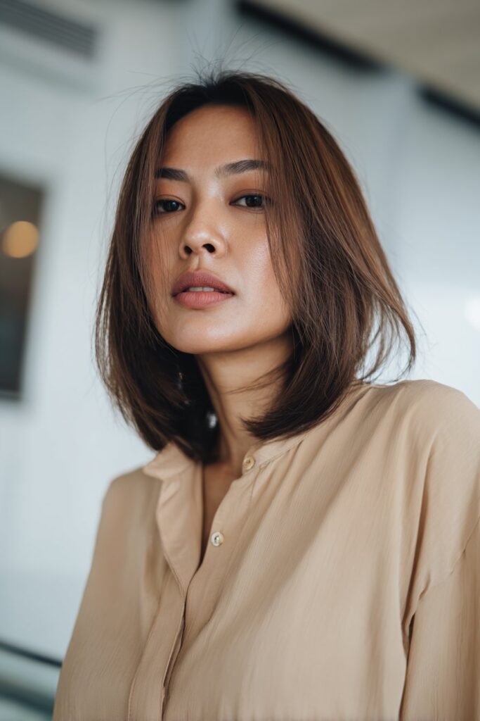 woman with sleek straight shag haircut