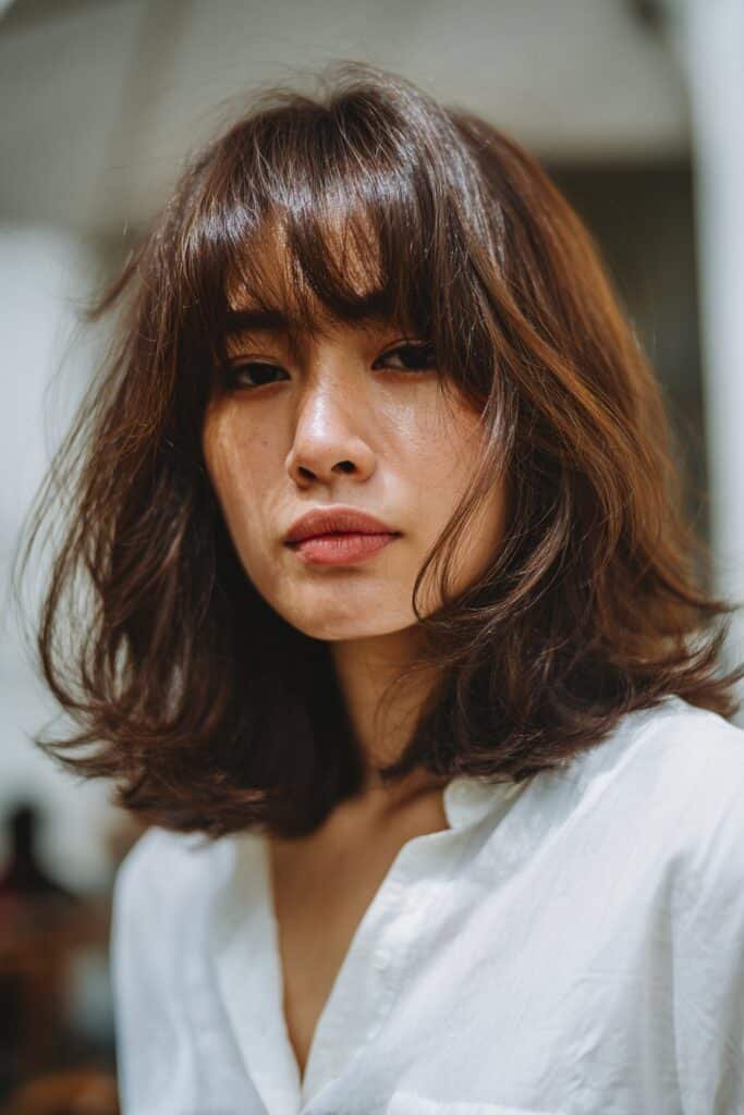 woman with soft french lob and fringe
