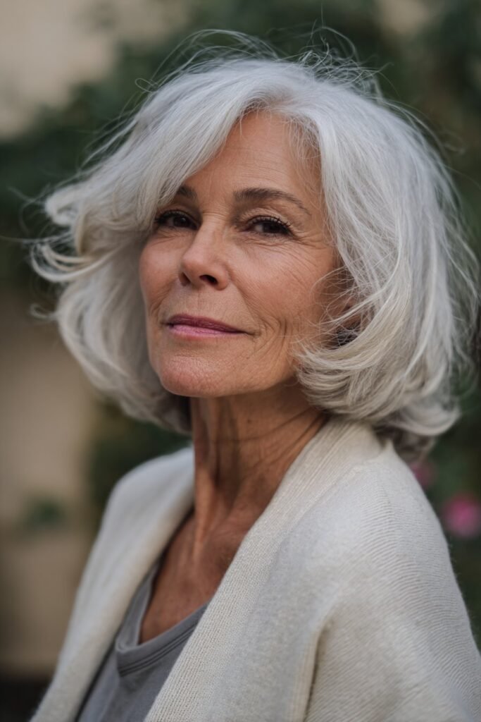 woman over 70 with soft layered long hair