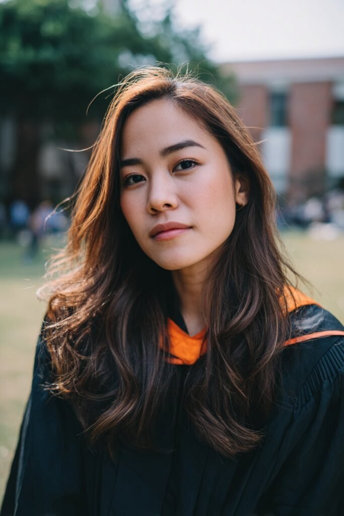 young woman with soft romantic waves, natural grad hairstyles style