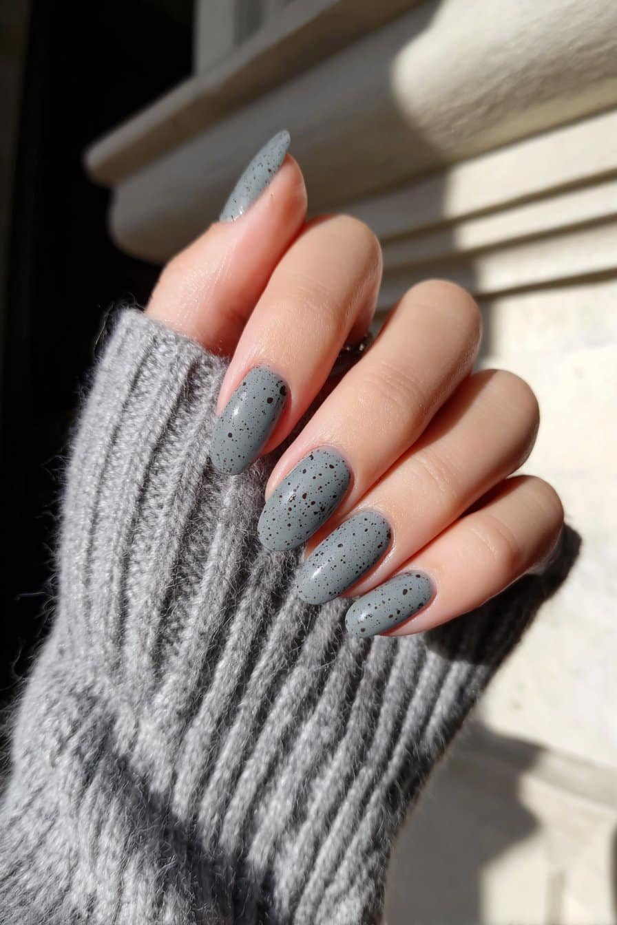 Robin egg silver nails with subtle black speckled effect.