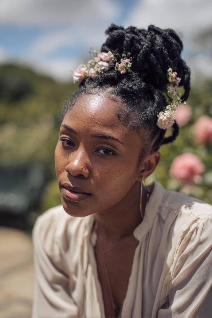 Black woman with spring twist bun decorated with flowers.