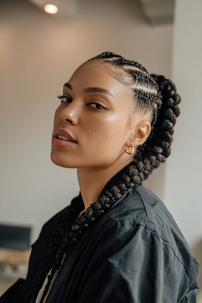 young woman with stitch cornrow ponytail, precise braid lines, clean structured look