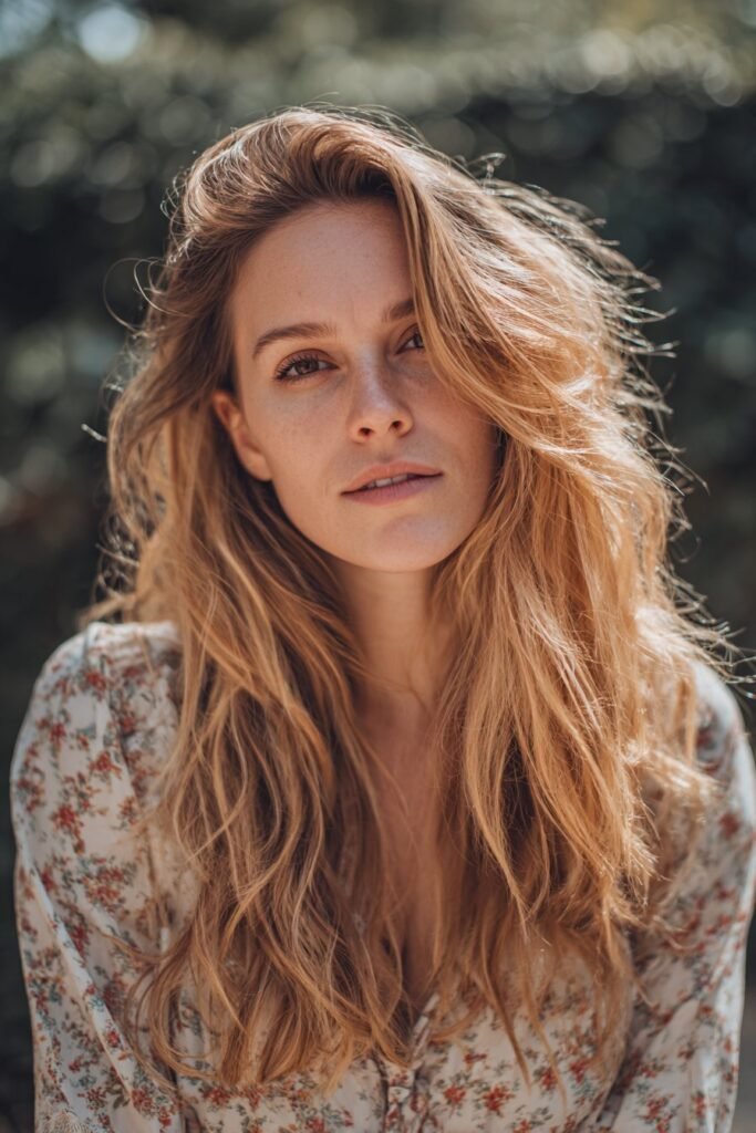 Wavy dirty blonde hair with soft strawberry blonde highlights
