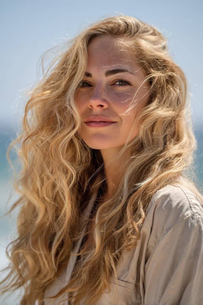 Dirty blonde hair with highlights in a sun-kissed balayage style and soft waves