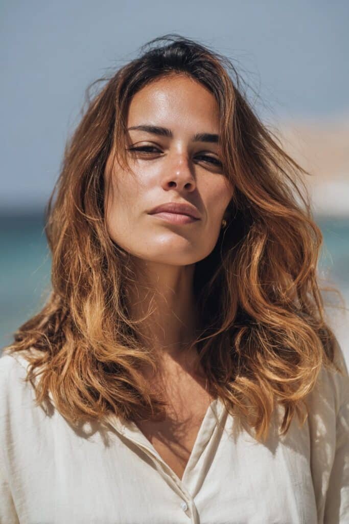 Caramel hair highlights 2026 with sun-kissed natural layered style