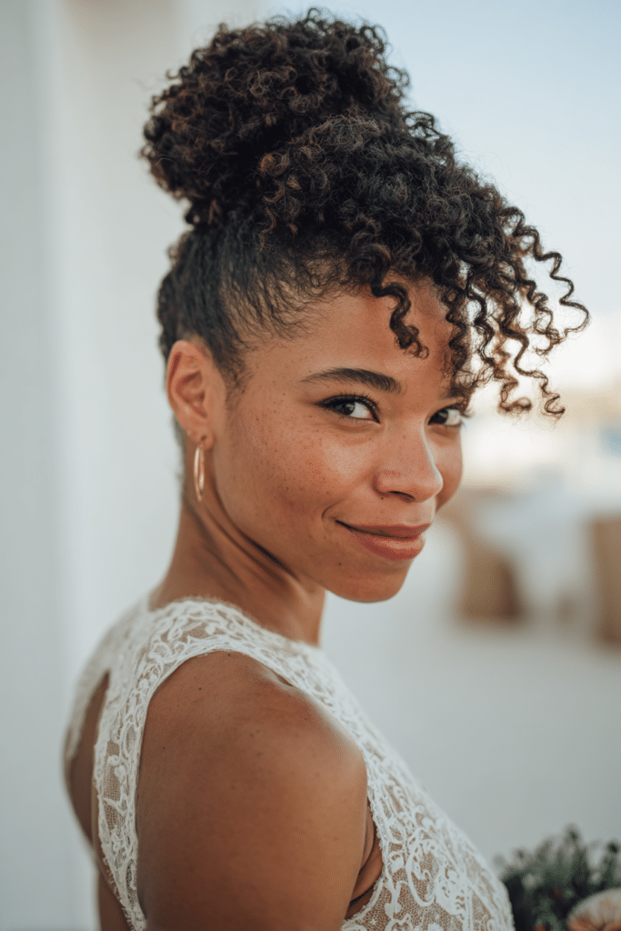 Black bride wearing textured curly bun bridal updo.